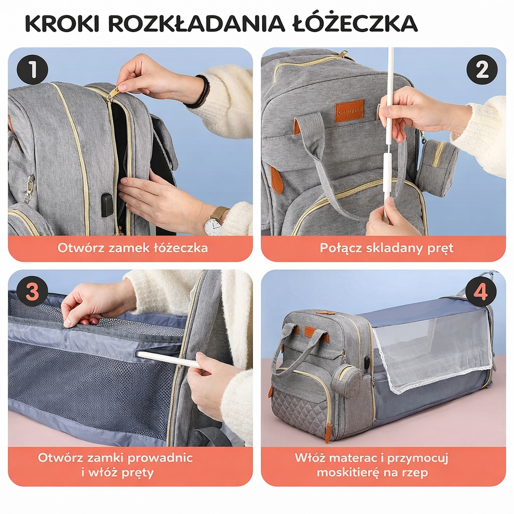 Plecak dla Mamy 3w1 z Łóżeczkiem dla Niemowląt